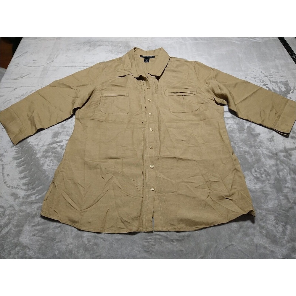 Ashley Stewart Blouse Ladies 16W Brown 55% Linen 45% Rayon Pleated 3/4 Sleeves
